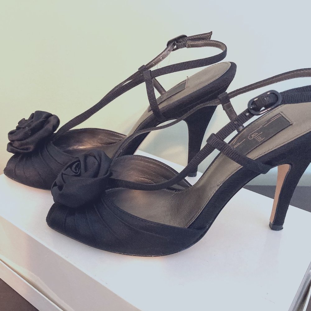 GLINT Satin Black Heels with Rosette Size 7.5
